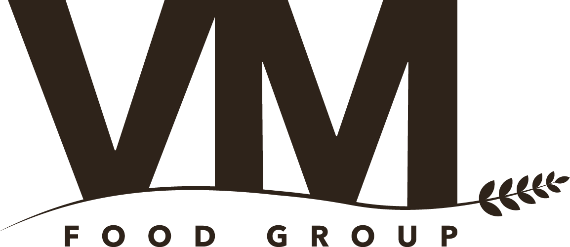 VM Food Group logo featuring bold letters "VM" above the words "FOOD GROUP" and a stylized leaf design, signifying food industry branding.
